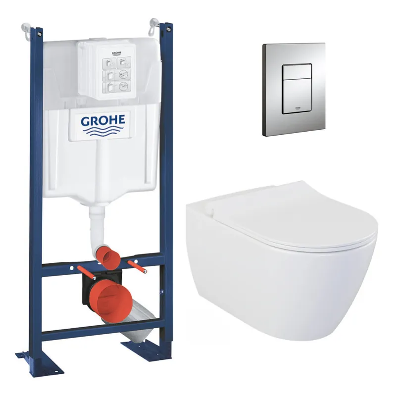 Pack WC Bâti-autoportant Rapid SL + WC sans bride Bello + Abattant softclose + Plaque chrome (ProjectBello-1)