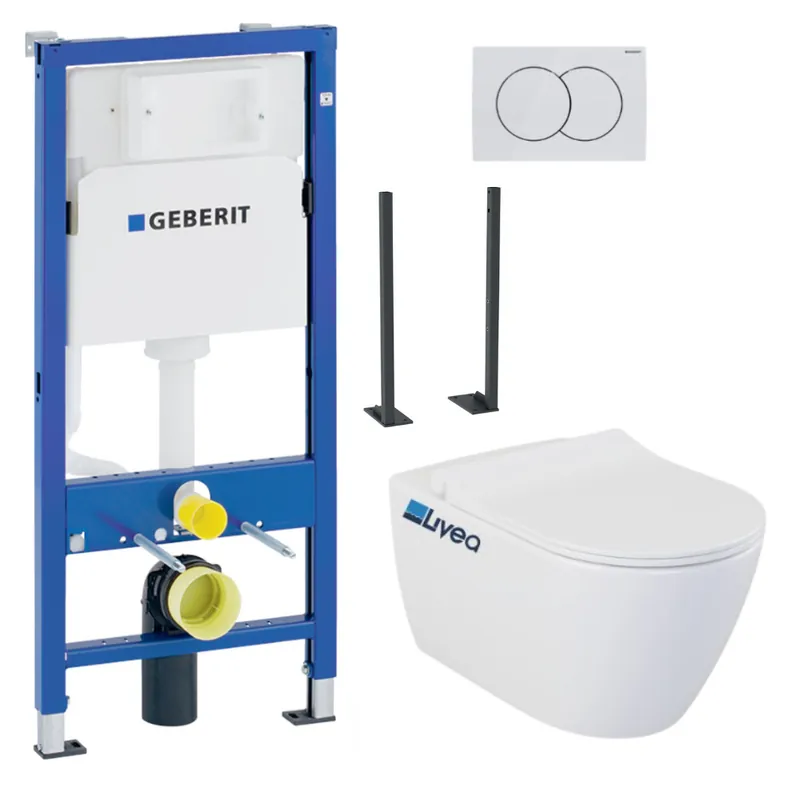 Pack Autoportant Bati-support Geberit Duofix + WC sans bride Livea Bello + Abattant softclose + Plaque blanche (Livea BelloGebAT