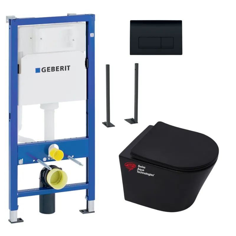Pack WC Bati Geberit + WC sans bride Swiss Aqua Technologies + Abattant SoftClose + Plaque (BlackInfinitioGebATP-7)