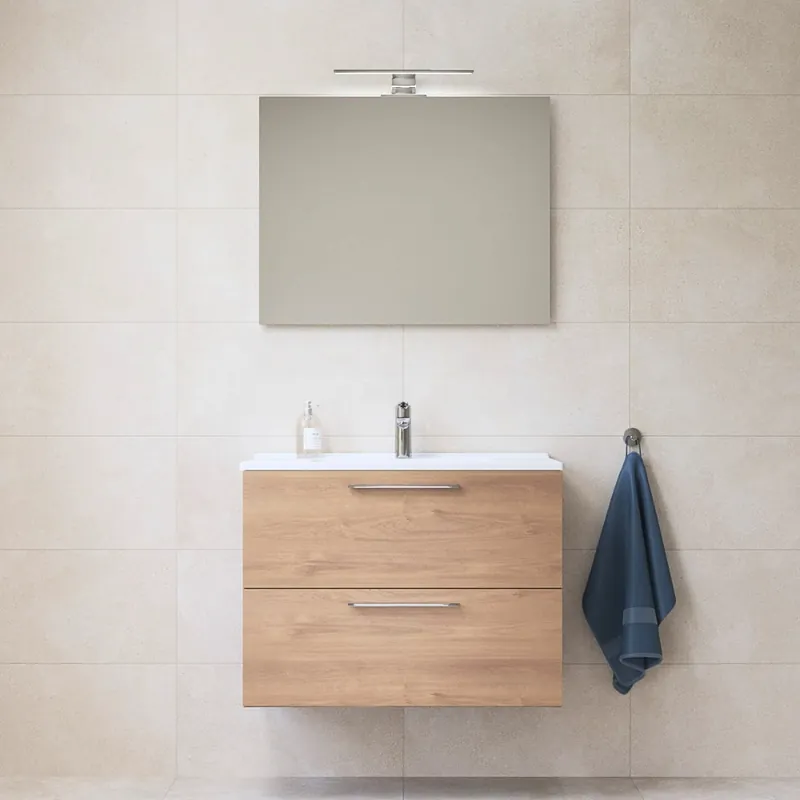 Mia ensemble meuble 79x61x39,5 cm avec miroir, lavabo et éclairage LED, Chêne (MIASET80D)