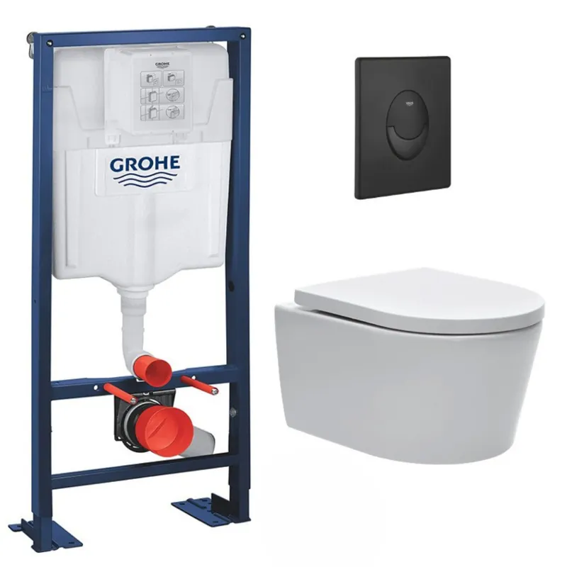 Pack WC bâti-autoportant Rapid SL + WC sans bride SAT, fixations invisibles + Abattant softclose + Plaque Noire mat
