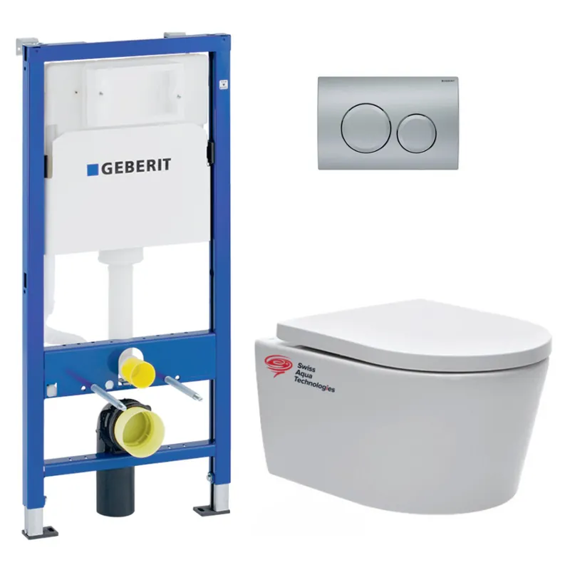 pack Bati-support Geberit + cuvette suspendue Swiss Aqua Technologies sans bride + plaque Delta20 chrome mat