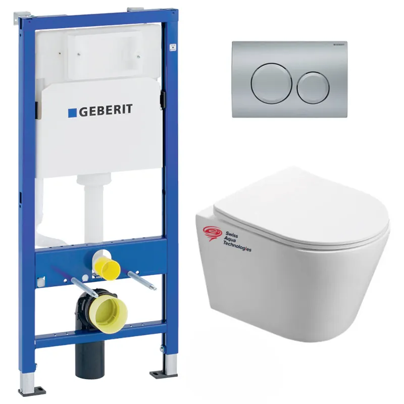 Pack WC Bati-support Geberit + WC Swiss Aqua Technologies Infinitio sans bride + plaque Delta20 chrome mat (InfinitioGeb9)