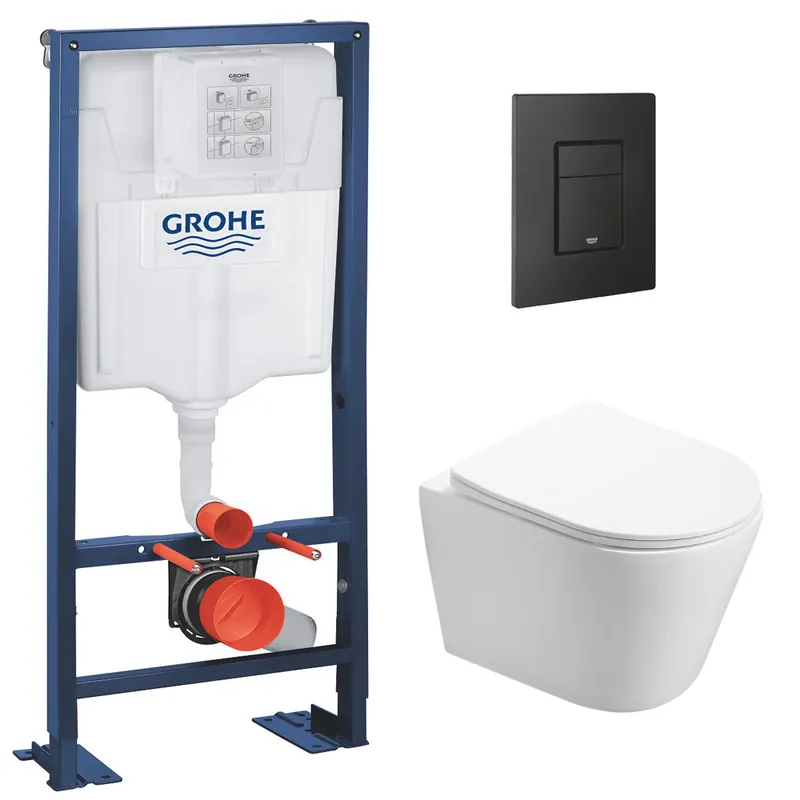 Pack WC Bâti autoportant + WC Swiss Aqua Technologies Infinitio sans bride + Plaque noir mat (Autoportant-Infinitio-KF0)