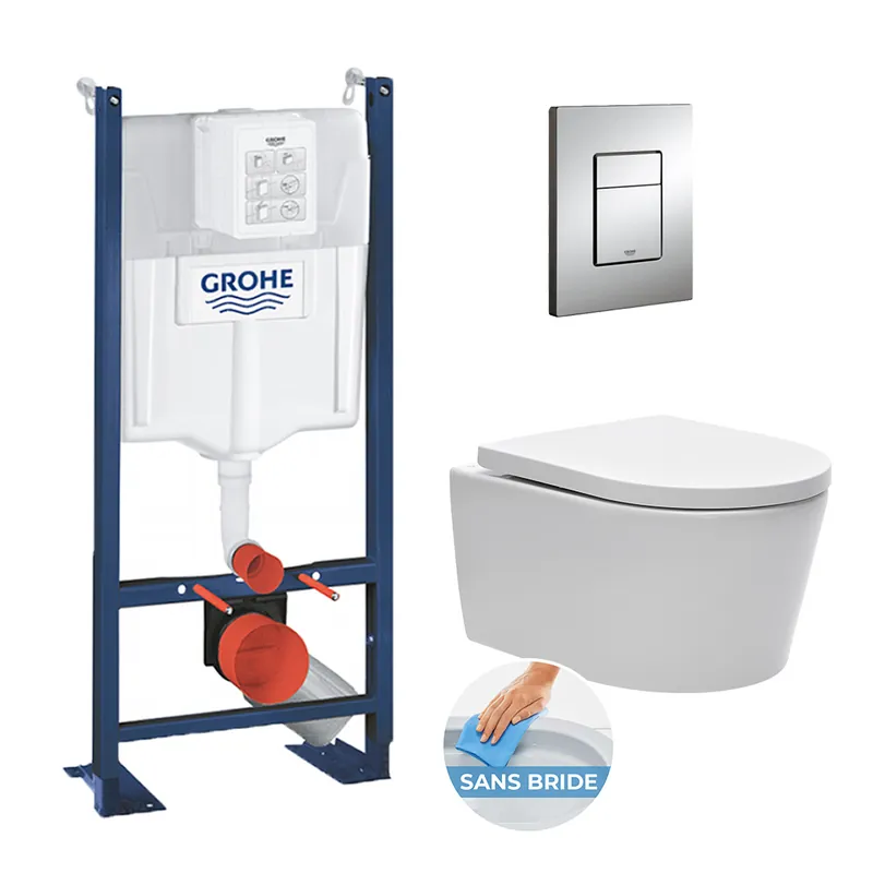 Pack WC autoportant avec cuvette Swiss Aqua Technologies sans bride + Plaque chrome (ProjectSATrimless-1)