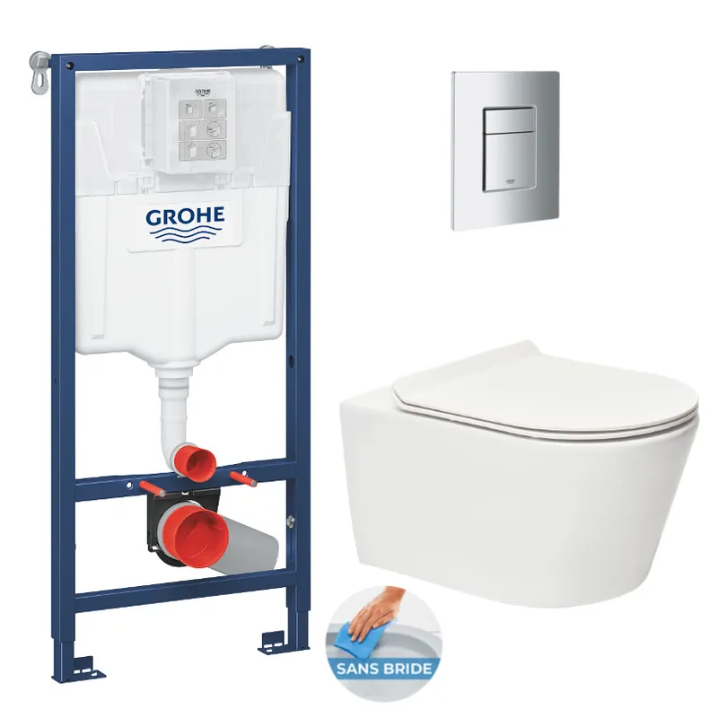 Pack WC Bâti-support Rapid SL + WC sans bride Brevis + Abattant softclose + Plaque chrome (RapidSL-Brevis-1)