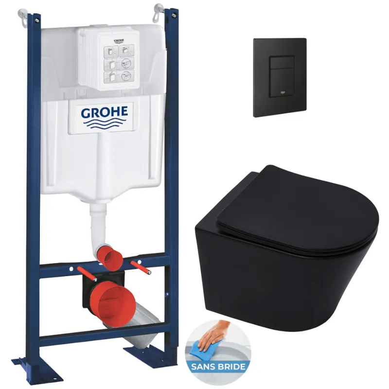 Pack WC Bâti-support Rapid SL + WC Infinitio sans bride noir mat + Abattant softclose + Plaque noire mat