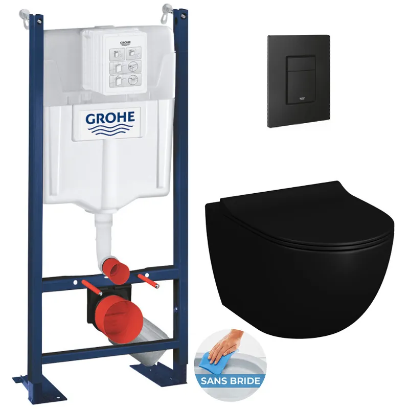 Pack WC Bâti autoportant Rapid SL + WC sans bride Infinitio 2.0 Noir mat + Abattant softclose + Plaque Noir mat