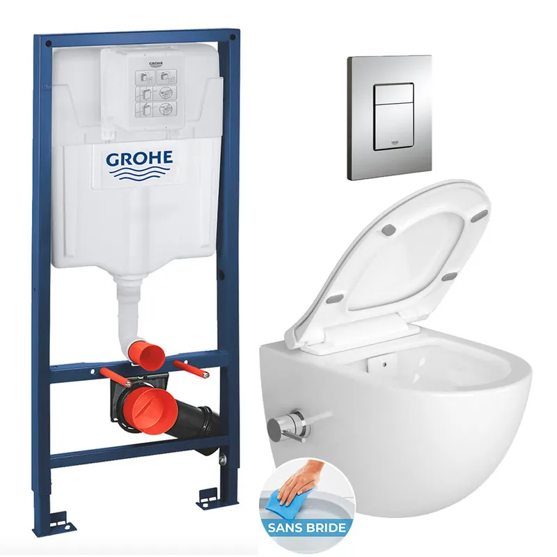 Pack WC Bâti-support Rapid SL + WC sans bride avec fonction bidet thermostatique + Plaque chrome (RapidSL-SATClean-1)