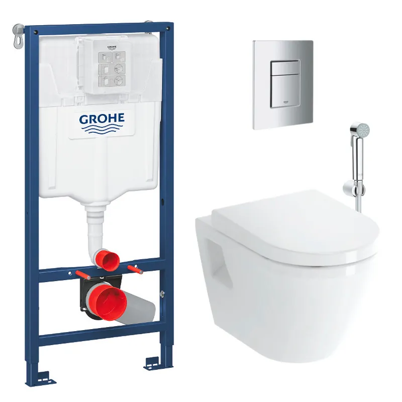 Pack WC Bâti-support Rapid SL + Cuvette suspendue Vitra + Abattant + Douchette bidet + Plaque Chrome