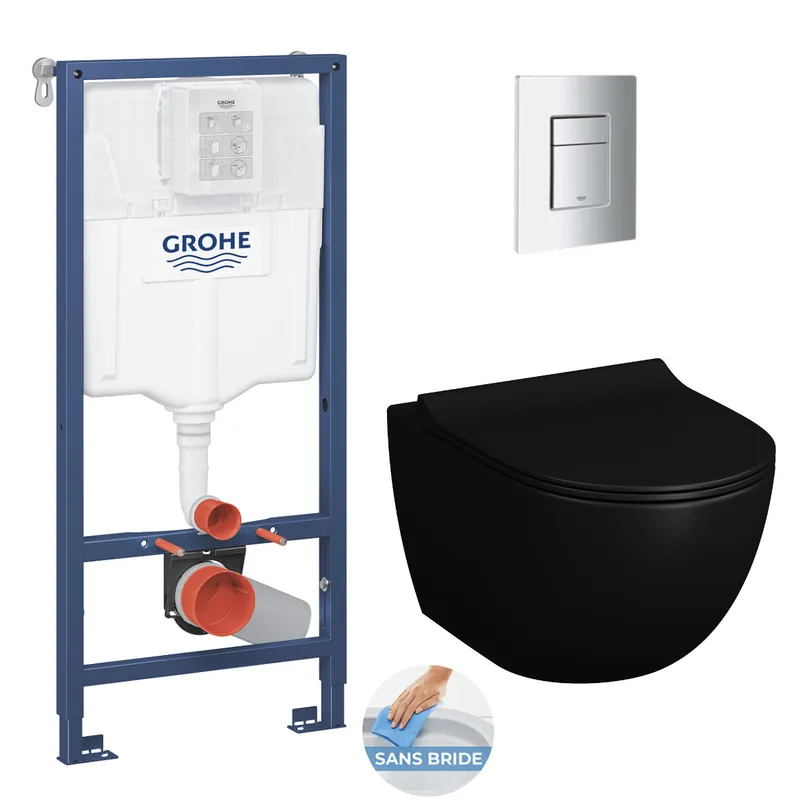 Pack WC Bâti-support Rapid SL + WC SAT Infinitio 2.0, Noir mat + Abattant frein de chute + Plaque Chrome