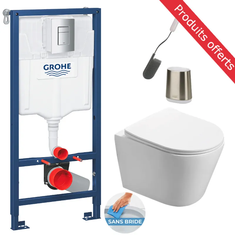 Pack Bâti-support Rapid SL + WC sans bride SAT + Abattant softclose + Plaque Chrome + Brosse de toilette OFFERTE