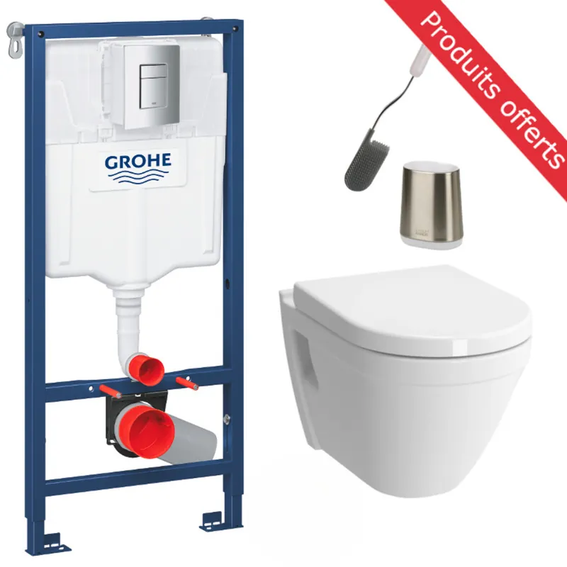 Pack Bâti-support Rapid SL + WC Vitra S50 + Abattant softclose + Plaque Chrome + Brosse de toilette OFFERTE