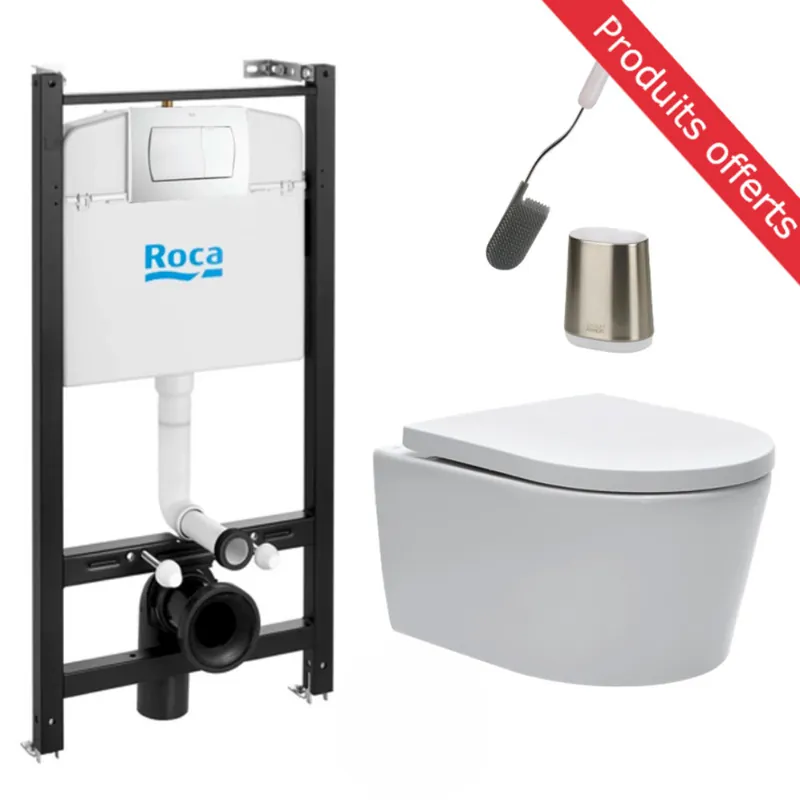 Pack WC Bâti-support Roca + WC sans bride SAT + Abattant softclose + Plaque blanche + Brosse de toilette OFFERTE