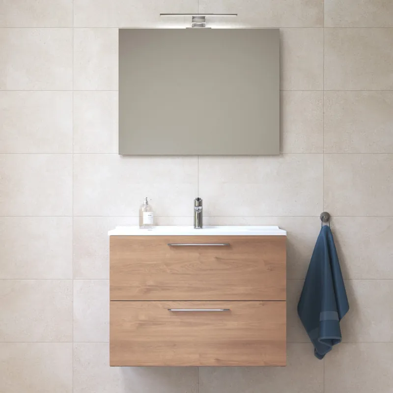 Mia ensemble meuble 79x61x39,5 cm avec miroir, lavabo et éclairage LED, Chêne (MIASET80D-SP)