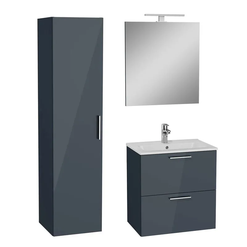 Set Mia ensemble meuble 59x61x39,5cm avec miroir, lavabo, éclairage LED + armoire 145x35x35cm, Anthracite brillant