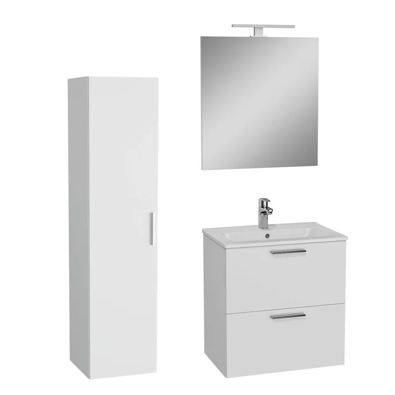 Set Mia ensemble meuble 59x61x39,5cm avec miroir, lavabo, éclairage LED + armoire 145x35x35cm, Blanc brillant