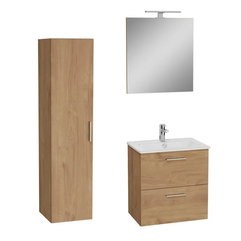 Set Mia ensemble meuble 59x61x39,5 cm pour salle de bain avec miroir, lavabo et éclairage LED + armoire 145x35x35 cm, Chêne