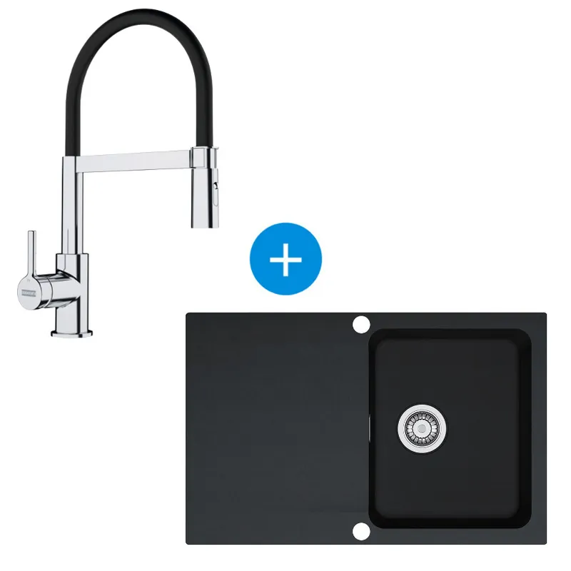 Set évier de cuisine à encastrer 78×50cm, Tectonite® Carbone, vidage automatique + Mitigeur col de cygnesemi-pro avec douchette