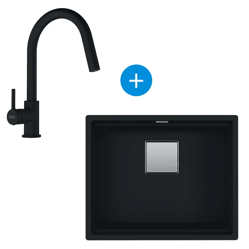 Set Kubus Evier sous plan 56x46cm Fragranit+, Noir mat + Mitigeur col de cygne, Noir mat avec douchette extractible