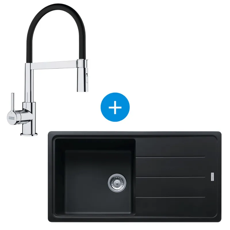 Set Basis Evier 97x50cm avec égouttoir réversible, Fragranit +, Onyx + Noir mat + Mitigeur col de cygne semi-pro avec douchette