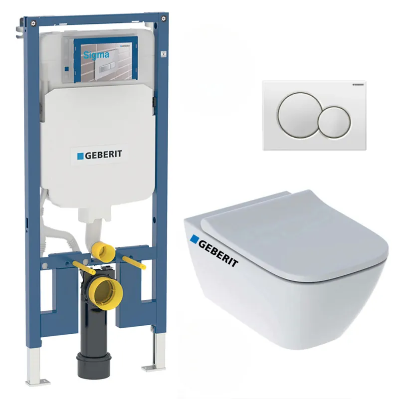 Pack WC Bati-support Geberit Duofix extra-plat + WC sans bride Geberit Smyle + Abattant softclose + Plaque blanche (SLIM-Smyle-