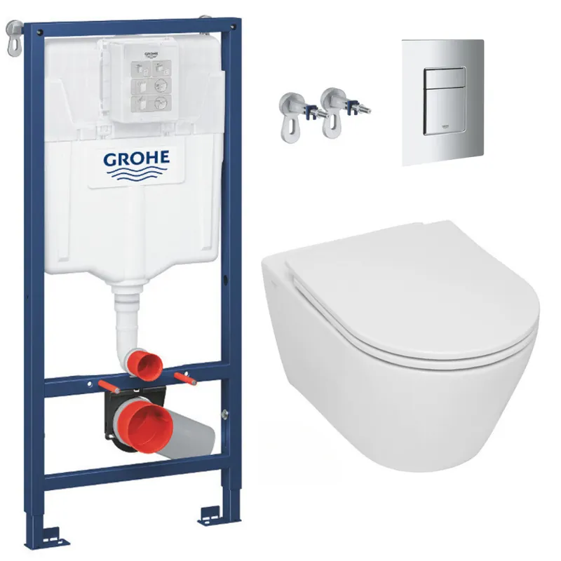 Pack WC Bâti-support Rapid SL + WC sans bride Serel SP26, fixations invisibles + abattant softclose + Plaque Chrome