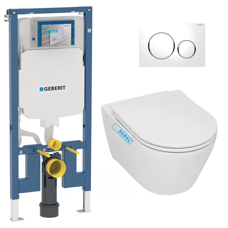 Pack WC Bati-support Geberit extra-plat UP720 + WC sans bride Serel sans bride + Abattant softclose + Plaque blanche (SLIM-SP26-