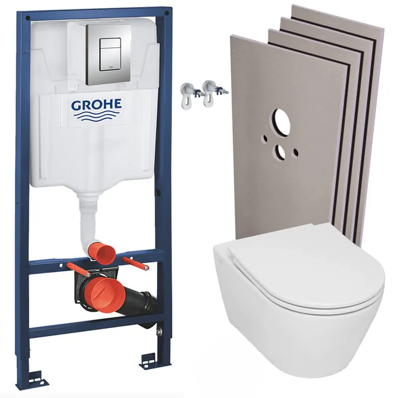 Pack WC Bâti-support Rapid SL + WC sans bride Serel, fixations invisibles + abattant softclose + Plaque Chrome + Set habillage