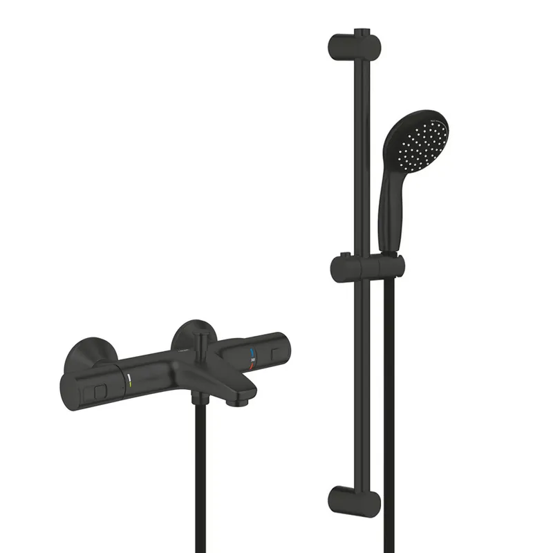 Set de douche mitigeur bain/douche thermostatique + Douchette 2 jets + Barre 600 mm + Flexible, noir mat (345982430-GroheBlack1)