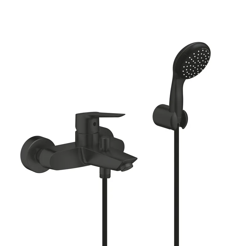 Set de douche mitigeur Bain/douche 1/2"+ Douchette 2 jets + support mural + Flexible 1750 mm, noir mat