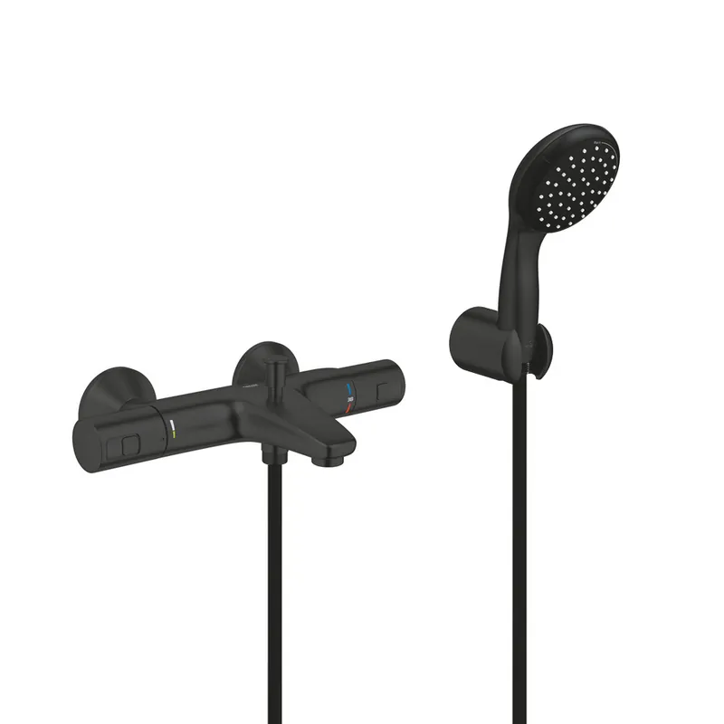 Set de douche mitigeur bain/douche thermostatique + Douchette 2 jets + support mural + Flexible 1750 mm, noir mat