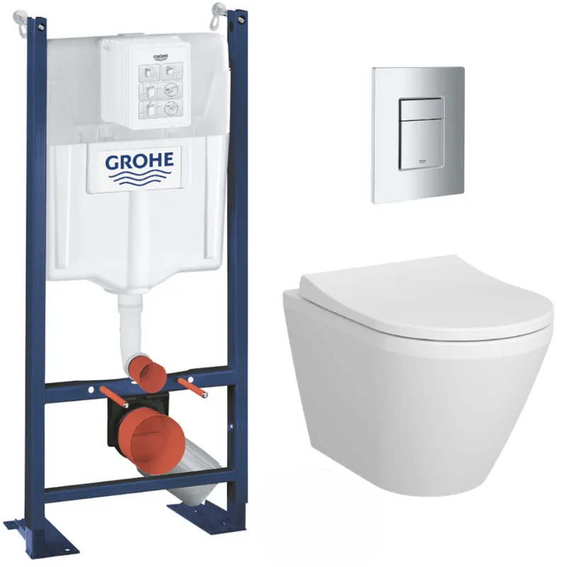 Pack WC Bâti Autoportant Rapid SL + WC sans bride Integra + Abattant softclose + Plaque chrome (ProjectIntegraRimless-1)