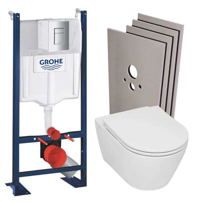 Pack WC Bâti-support Rapid SL autoportant + WC sans bride Serel + abattant softclose + Plaque Chrome + Set habillage