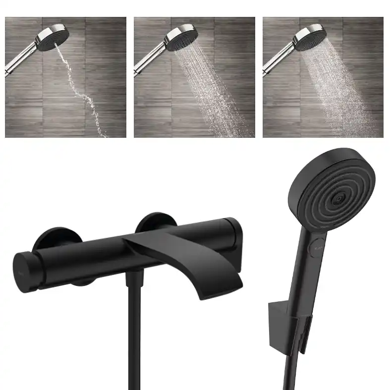 Vivenis Pulsify Set Mitigeur bain/douche, bec cascade + Douchette 3 jets Relaxation avec support et flexible