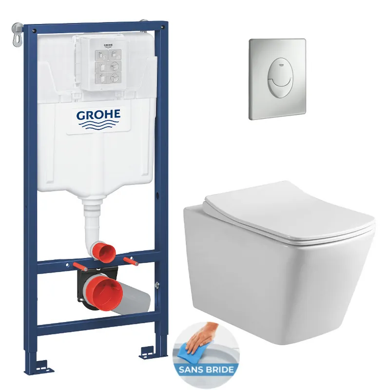 Pack WC Bâti-support + WC sans bride Infinitio Design + Abattant softclose + Plaque chrome mat