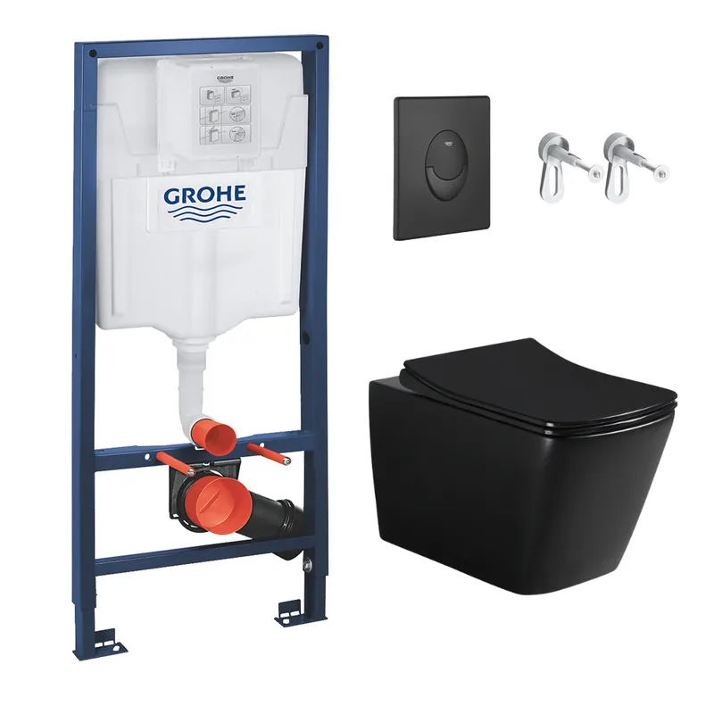 Pack WC Bâti-support Rapid SL + WC Square Infinitio sans bride noir mat + Abattant softclose + Plaque noire mat
