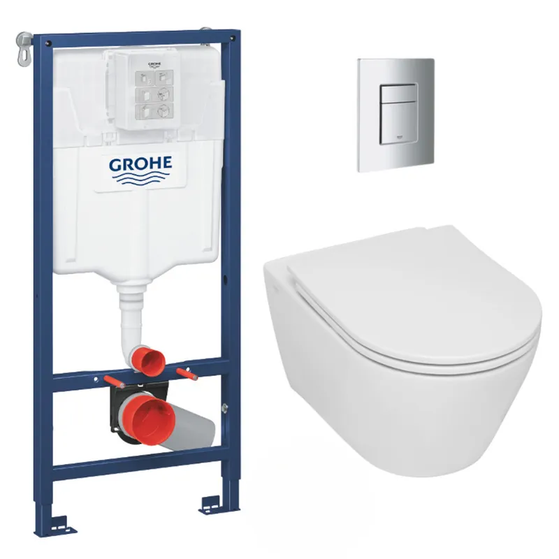 Pack WC Bâti-support Rapid SL + WC sans bride Serel SP26, fixations invisibles + abattant softclose + Plaque Chrome