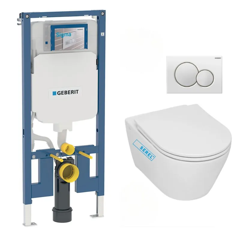 Pack WC Bati-support Geberit extra-plat UP720 + WC sans bride Serel sans bride + Abattant softclose + Plaque blanche