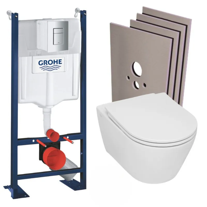 Pack WC Bâti-support Rapid SL autoportant + WC sans bride Serel + abattant softclose + Plaque Chrome + Set habillage