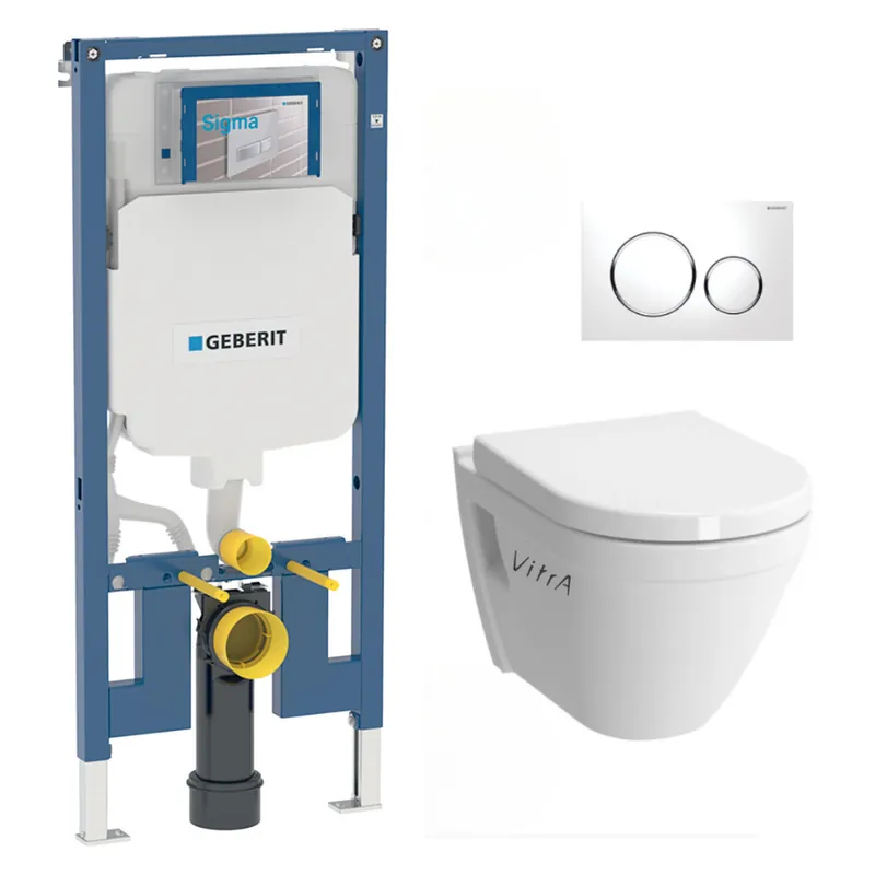Pack WC Bati-support Geberit + Cuvette suspendue Vitra S50 + Abattant frein de chute + Plaque blanche et chrome