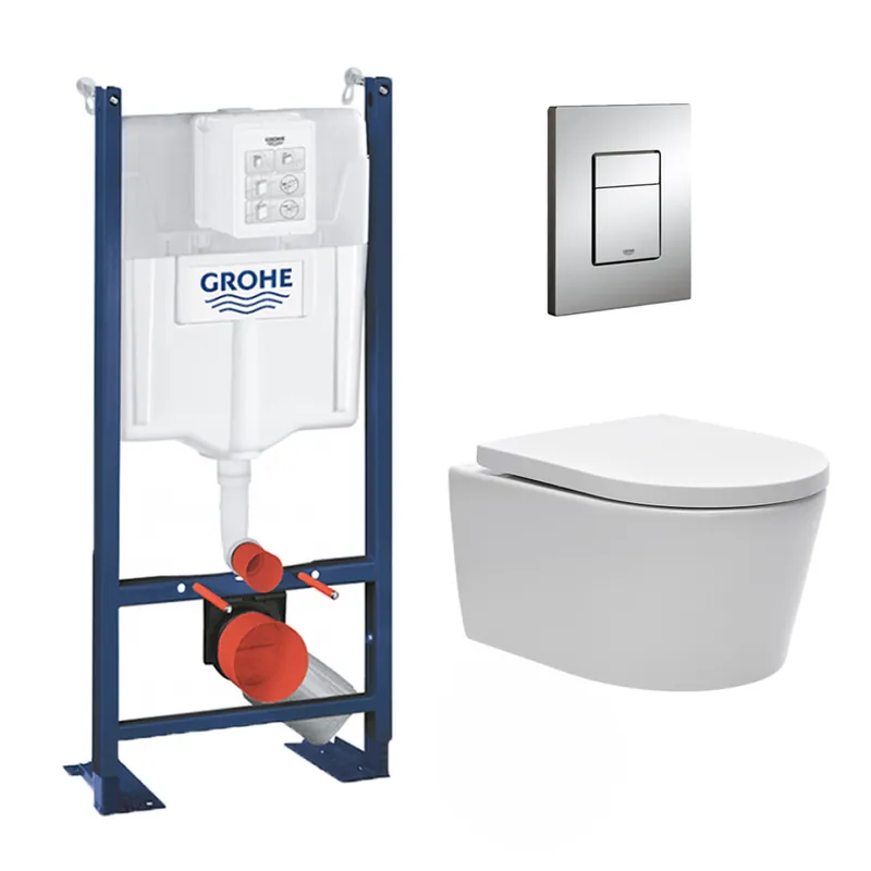 Pack WC autoportant avec cuvette Swiss Aqua Technologies sans bride + Plaque chrome (ProjectSATrimless-1-SP)