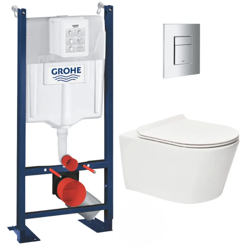 Pack WC Bâti autoportant + WC sans bride SAT Brevis + Abattant ultra-fin softclose + Plaque chrome (ProjectBrevis-1-SP)