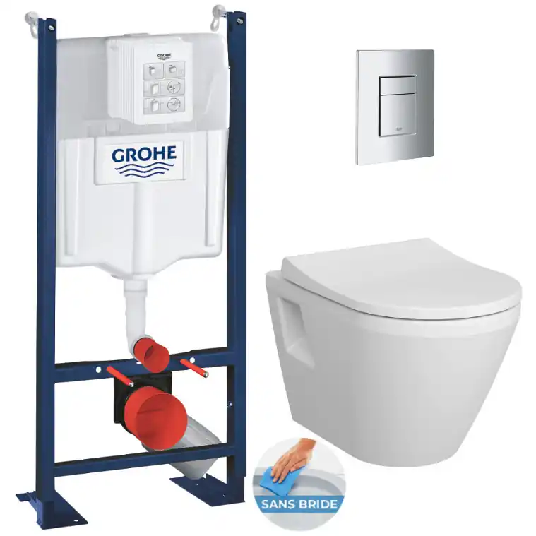 Pack WC Bâti Autoportant Rapid SL + WC sans bride Integra + Abattant softclose + Plaque chrome (ProjectIntegraRimless2-1-SP)