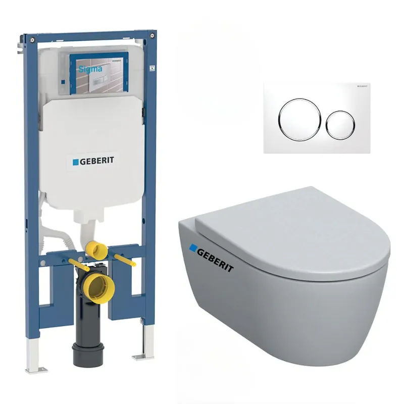 Pack WC Bati-support Geberit Duofix extra-plat + WC sans bride Geberit iCon + Abattant softclose + Plaque blanche (SLIM-iCon-C)
