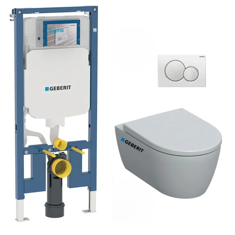 Pack WC Bati-support Geberit Duofix extra-plat + WC sans bride Geberit iCon + Abattant softclose + Plaque blanche (SLIM-iCon-B)