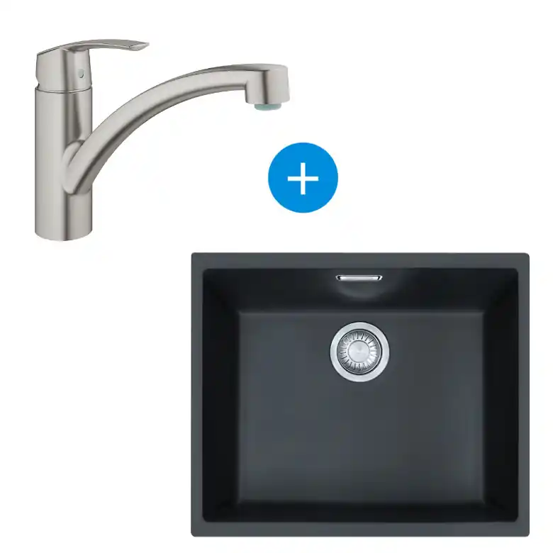 Set Sirius Evier sous plan 52.5x44cm Tectonite®, Noir mat + Mitigeur Grohe Monocommande SuperSteel (125.0363.789-DC1)