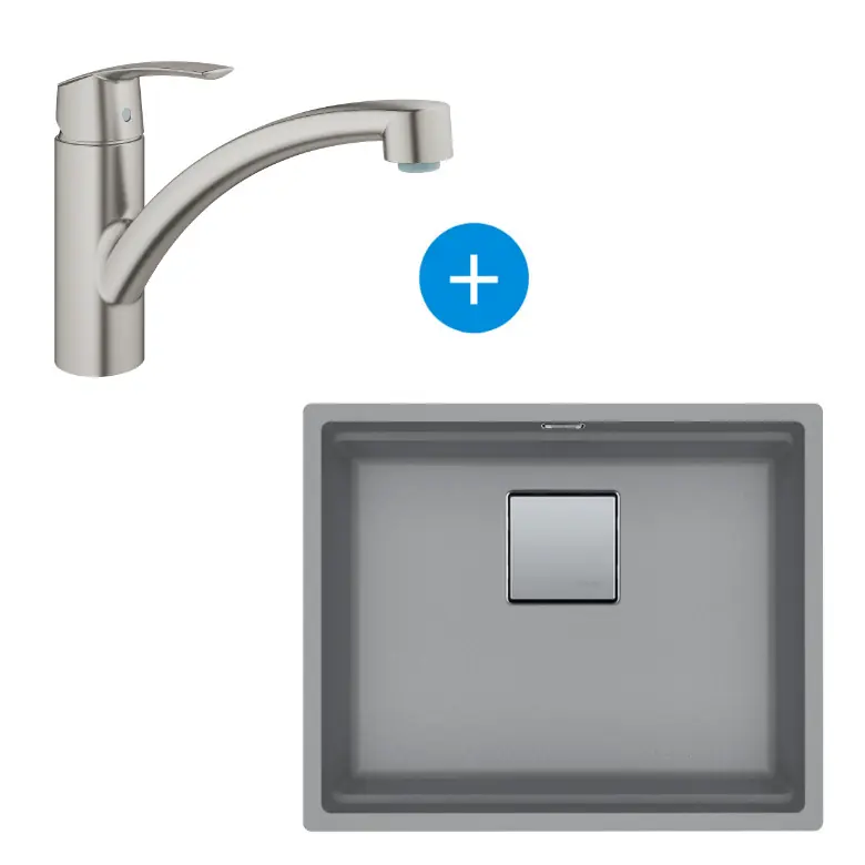 Set Kubus Evier sous plan 56x46cm Fragranit+, Pierre Grise + Mitigeur Grohe Monocommande SuperSteel (125.0512.507-DC1)