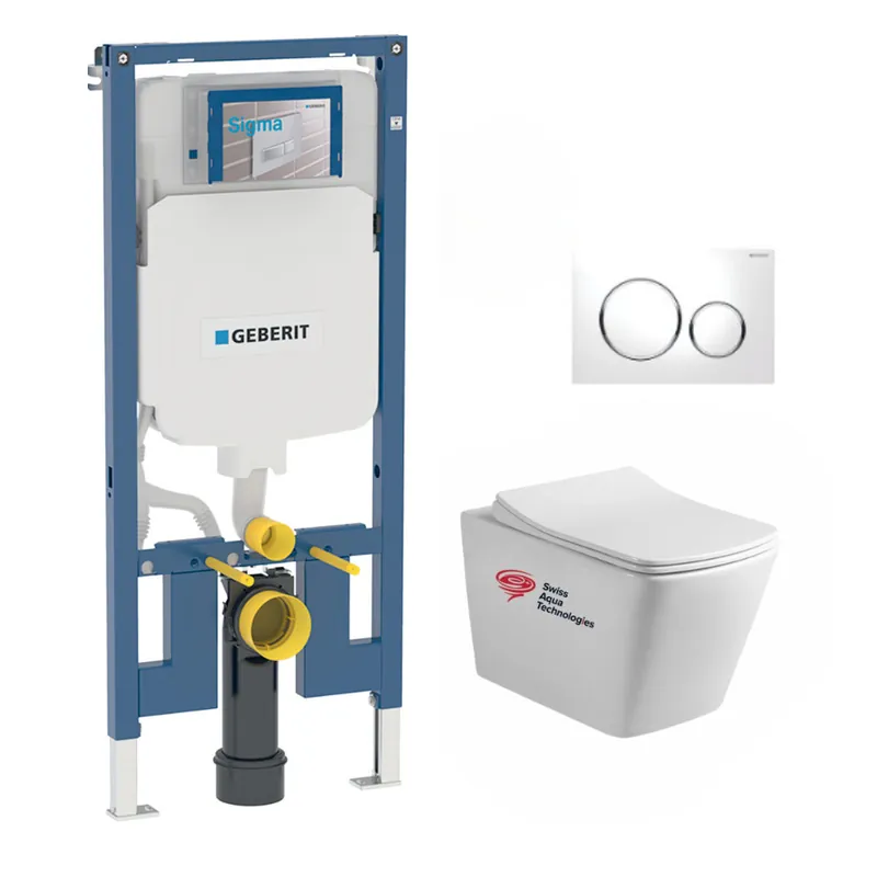 Pack WC Bati-support Geberit extra-plat UP720 + WC Swiss Aqua Technologies suspendu Infinitio + Abattant softclose + Plaque Blan