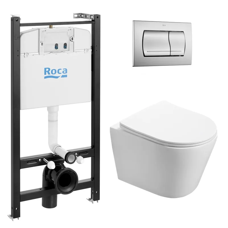 Pack Bâti-support Roca Active + WC suspendu Infinitio sans bride + plaque chrome mat (RocaActiveInfinitio-2)